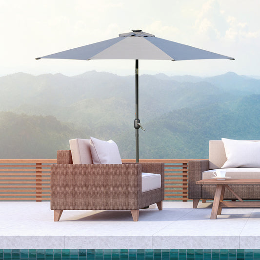 Outsunny 2.7m Patio LED Umbrella with Push Button Tilt/Crank 8 Ribs Sun Shade for Outdoor Table Market Umbrella Grey Rib Parasol
