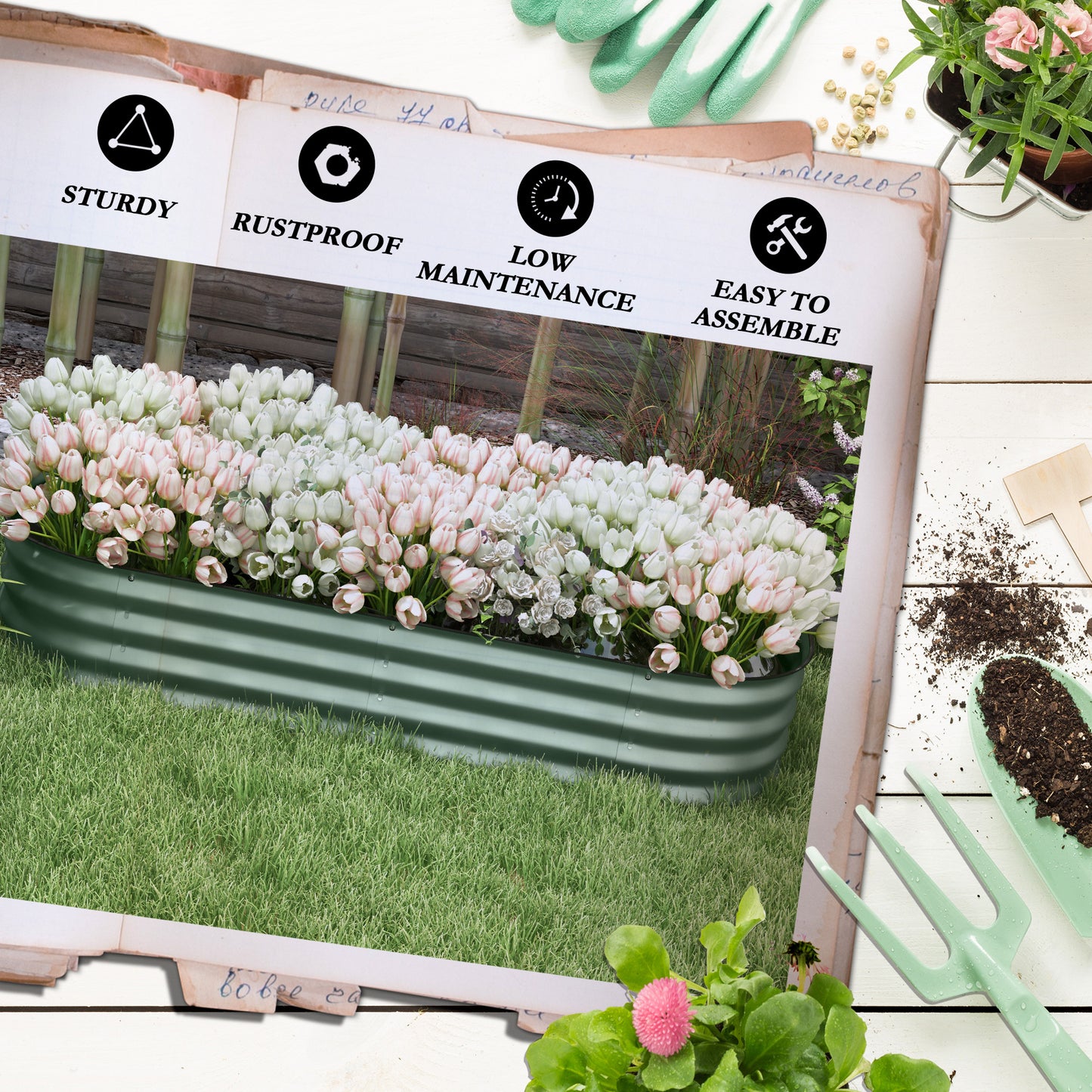 Outsunny Galvanised Raised Garden Bed Metal Planter Box with Safety Edging for Flowers Herbs Succulents Green