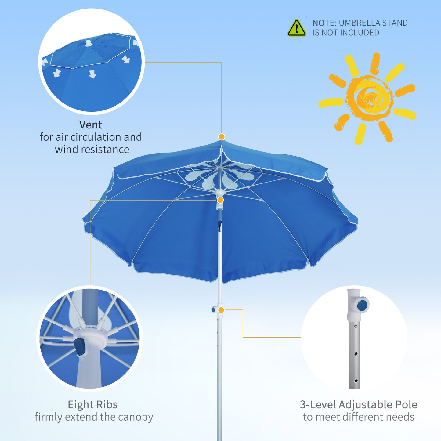 Outsunny Arc. 1.9m Beach Umbrella w/ Adjustable Angle Pointed Design Carry Bag Blue