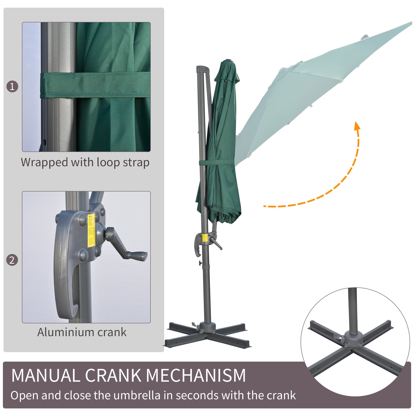 Outsunny 3m 360° Rotating Cantilever Parasol, with Cross Base - Green