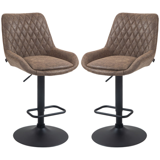 HOMCOM Retro Bar Stools Set of 2, Adjustable Kitchen Stool, Upholstered Bar Chairs with Back, Swivel Seat, Coffee