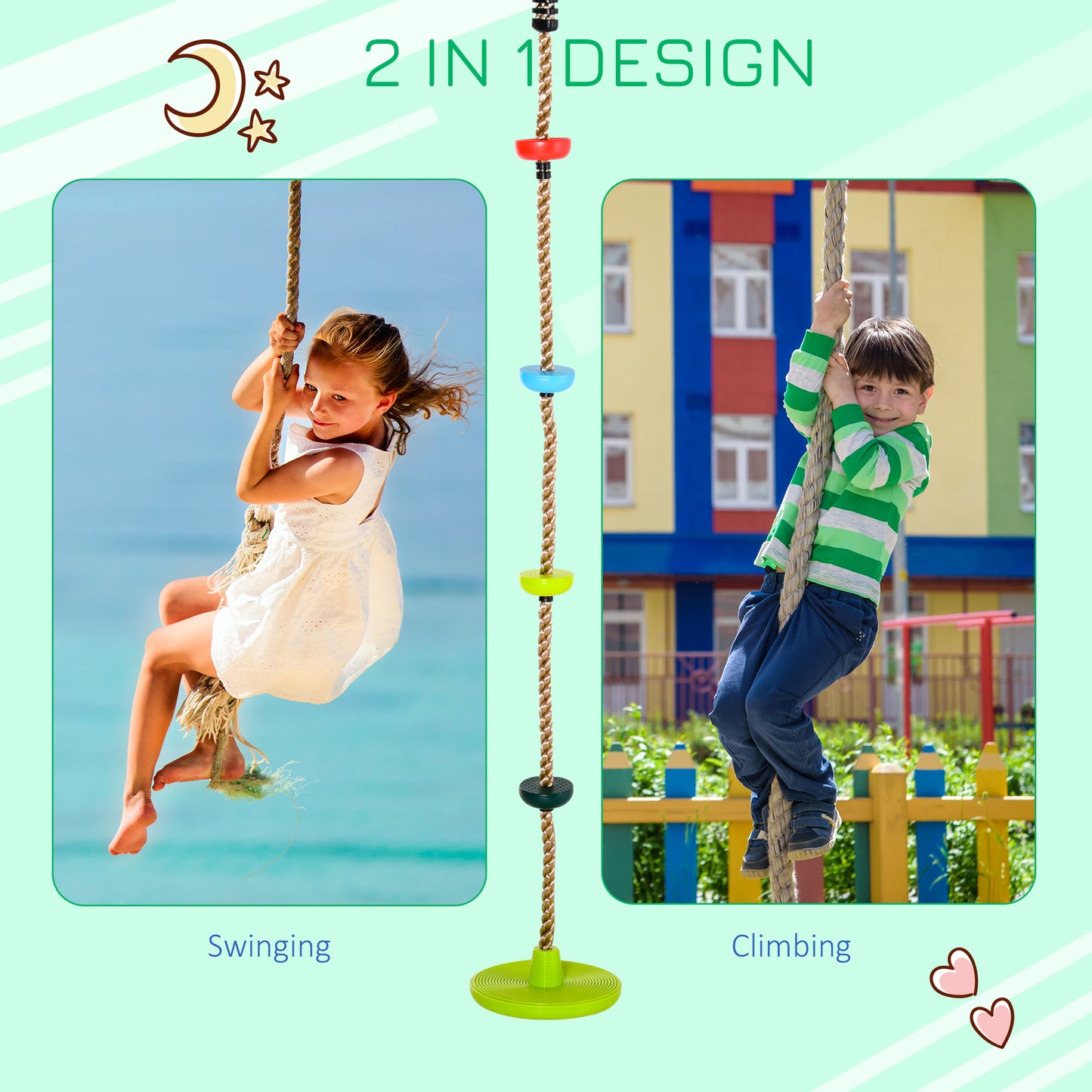 HOMCOM Multicolor Kid Climbing Rope Disc Swings Seat Set With Platforms Outdoor Toys Playset For Playground Backyard