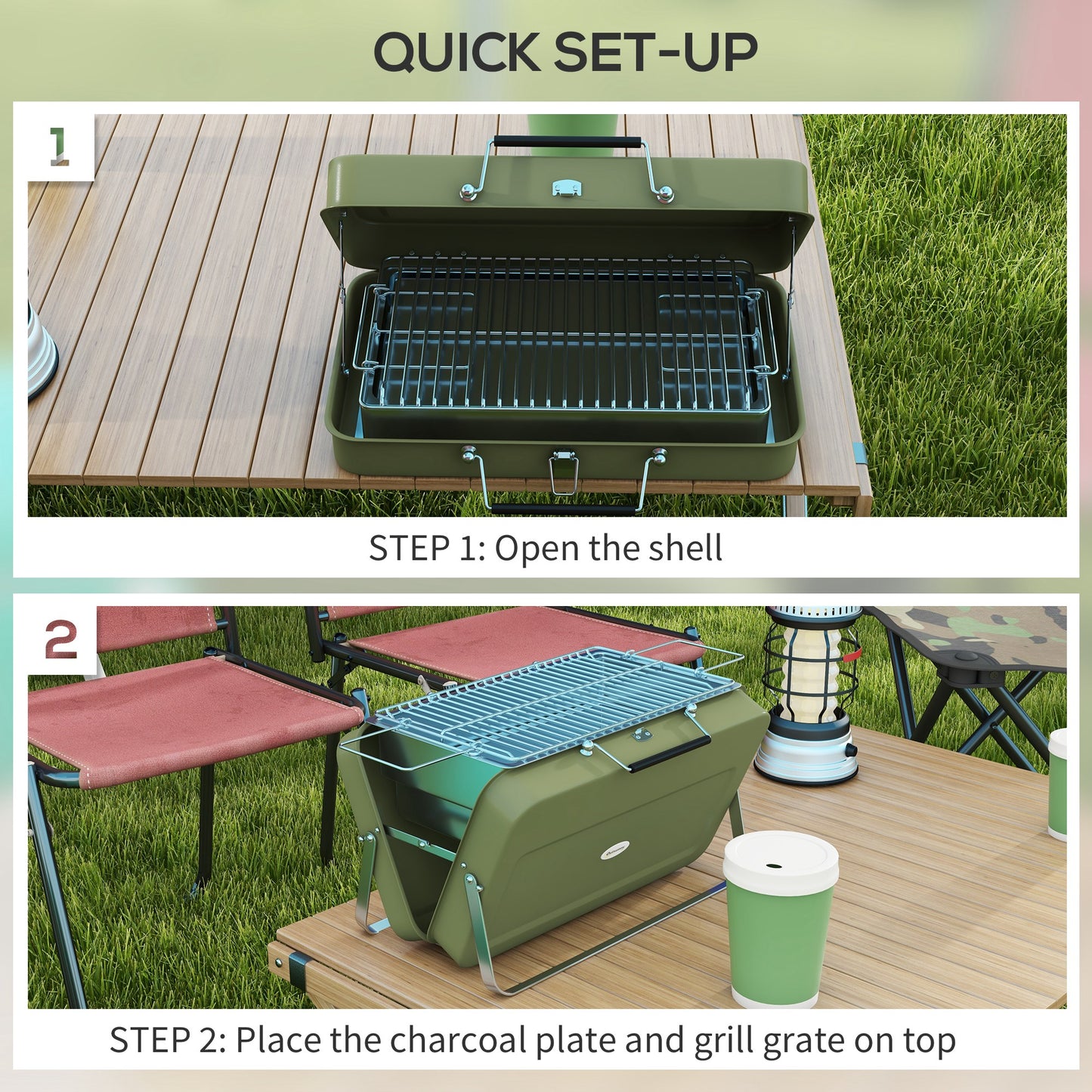 Outsunny Foldable Suitcase Design Mini Charcoal Barbecue Grill BBQ, Green