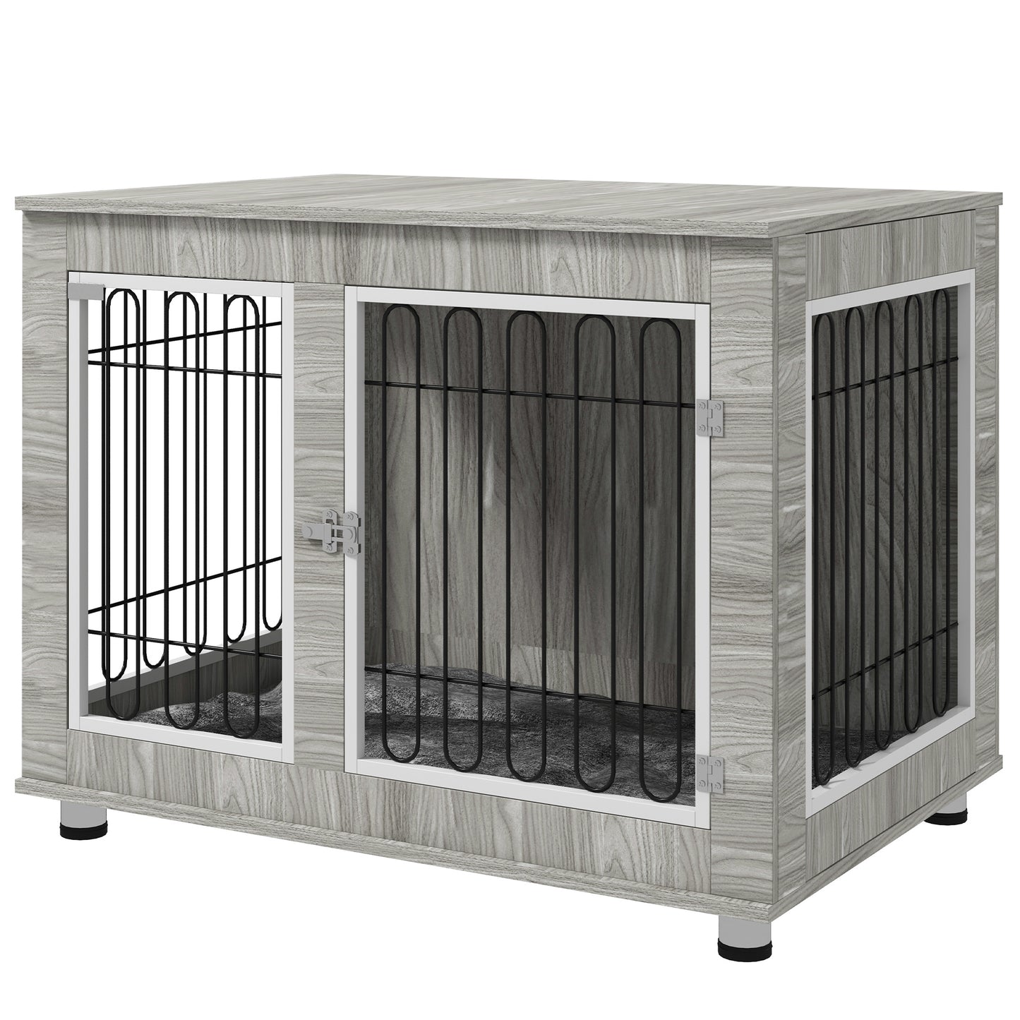 PawHut Indoor Dog Kennel w/ Soft Cushion Double Door for Large Dogs 106 x 74 x 81.5cm Grey