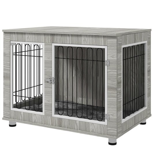 PawHut Indoor Dog Kennel w/ Soft Cushion Double Door for Large Dogs 106 x 74 x 81.5cm Grey