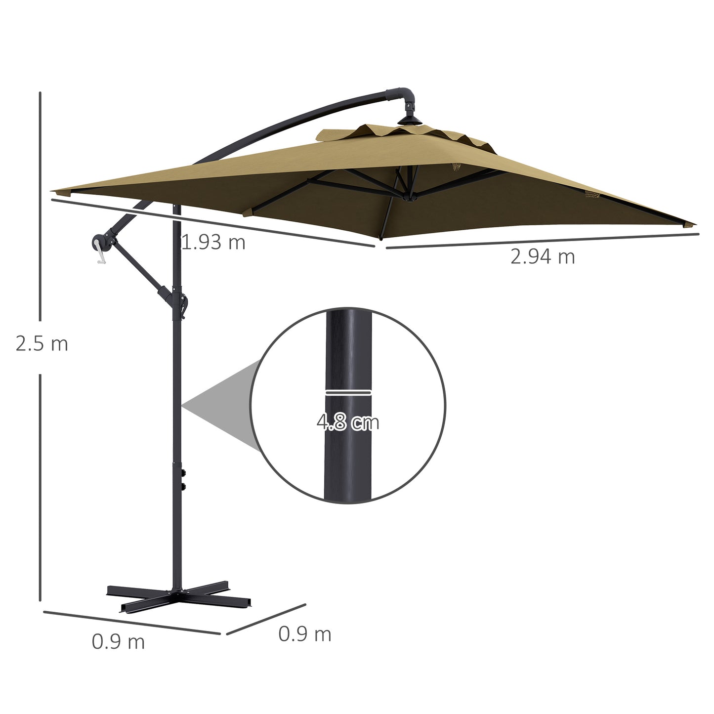 Outsunny 3(m) Cantilever Overhanging Parasol, with Cross Base - Brown