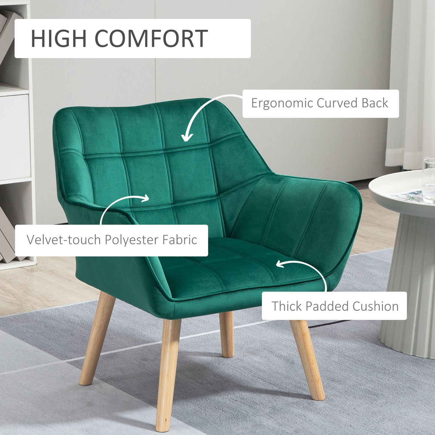 HOMCOM Accent Chair, Arm Chair with Wide Arms, Slanted Back, Thick Padding and Rubber Wooden Legs for Living Room, Green