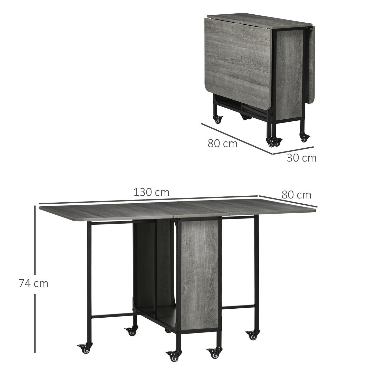 HOMCOM Mobile Drop Leaf Table Folding Kitchen Table Extendable Dining Table For Small Spaces With 6 Wheels & Storage Shelf