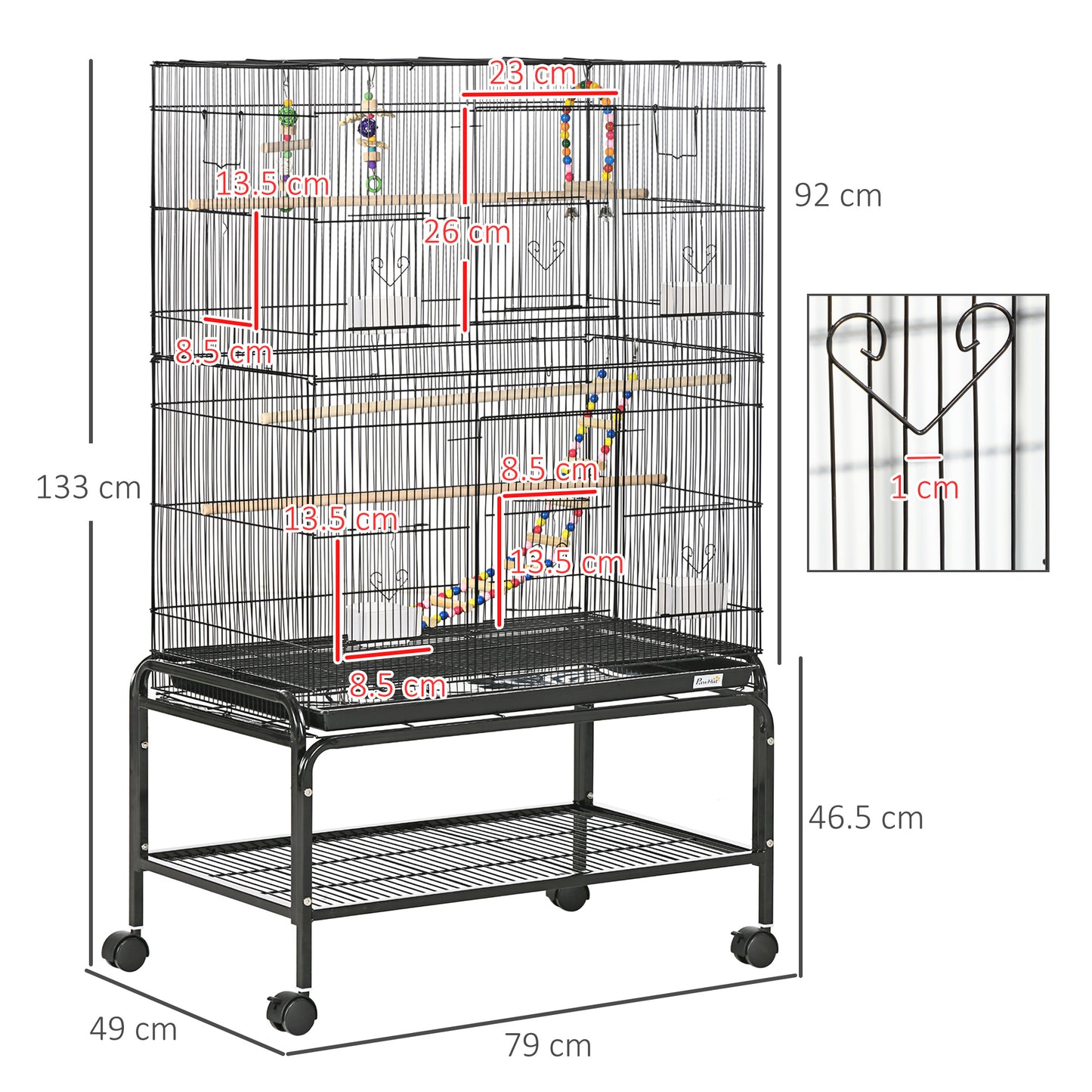 PawHut Bird Cage with Stand, Toys, Wheels, for Canaries, Finches, Lovebirds, Parakeets, Budgie Cage with Accessories, Storage Shelf - Black