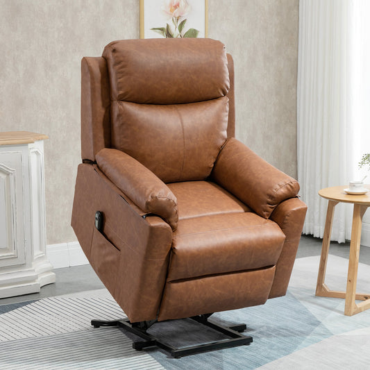HOMCOM Power Lift Chair Electric Riser Recliner for Elderly, Faux Leather Sofa Lounge Armchair with Remote Control and Side Pocket, Brown