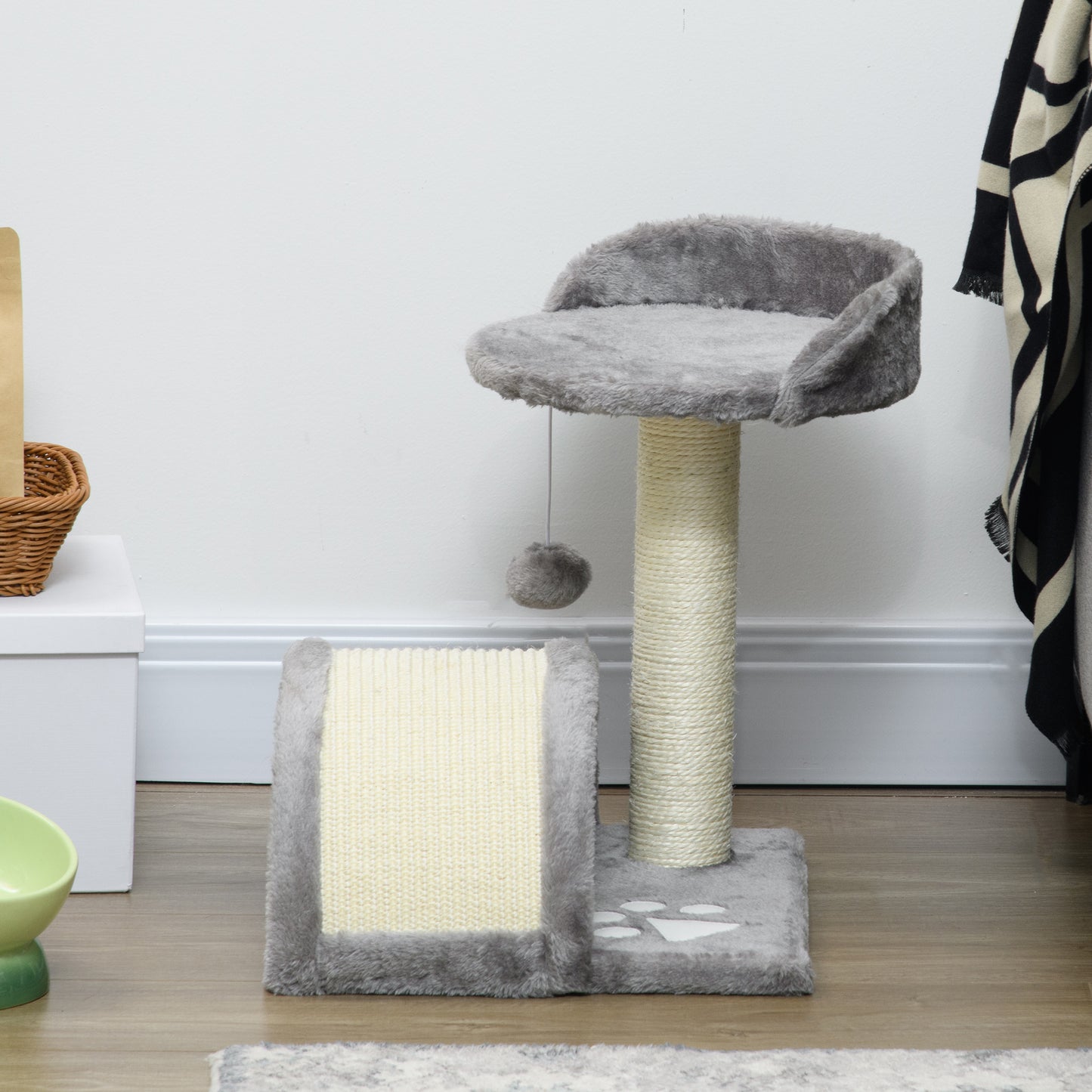 PawHut Cat Tree Scratching Scratcher Post Kitten Activity Centre Climber Hanging Ball Grey