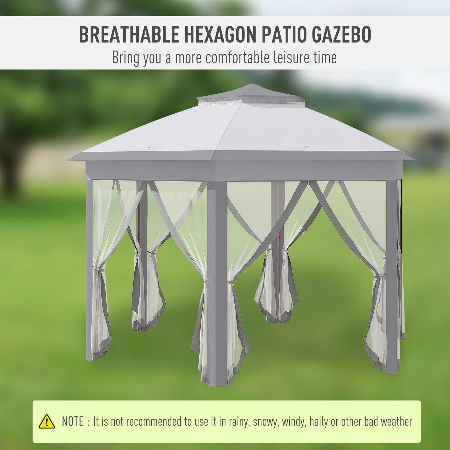 Outsunny Hexagon Patio Gazebo Pop Up Gazebo Outdoor Double Roof Instant Shelter with Netting, 4m x 4m, Grey