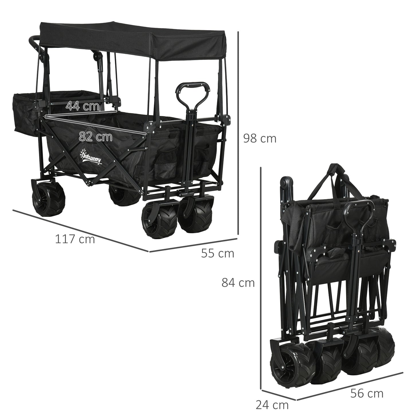 Outsunny Folding Trolley Cart Storage Wagon Beach Trailer 4 Wheels with Handle Overhead Canopy Cart Push Pull for Camping, Black