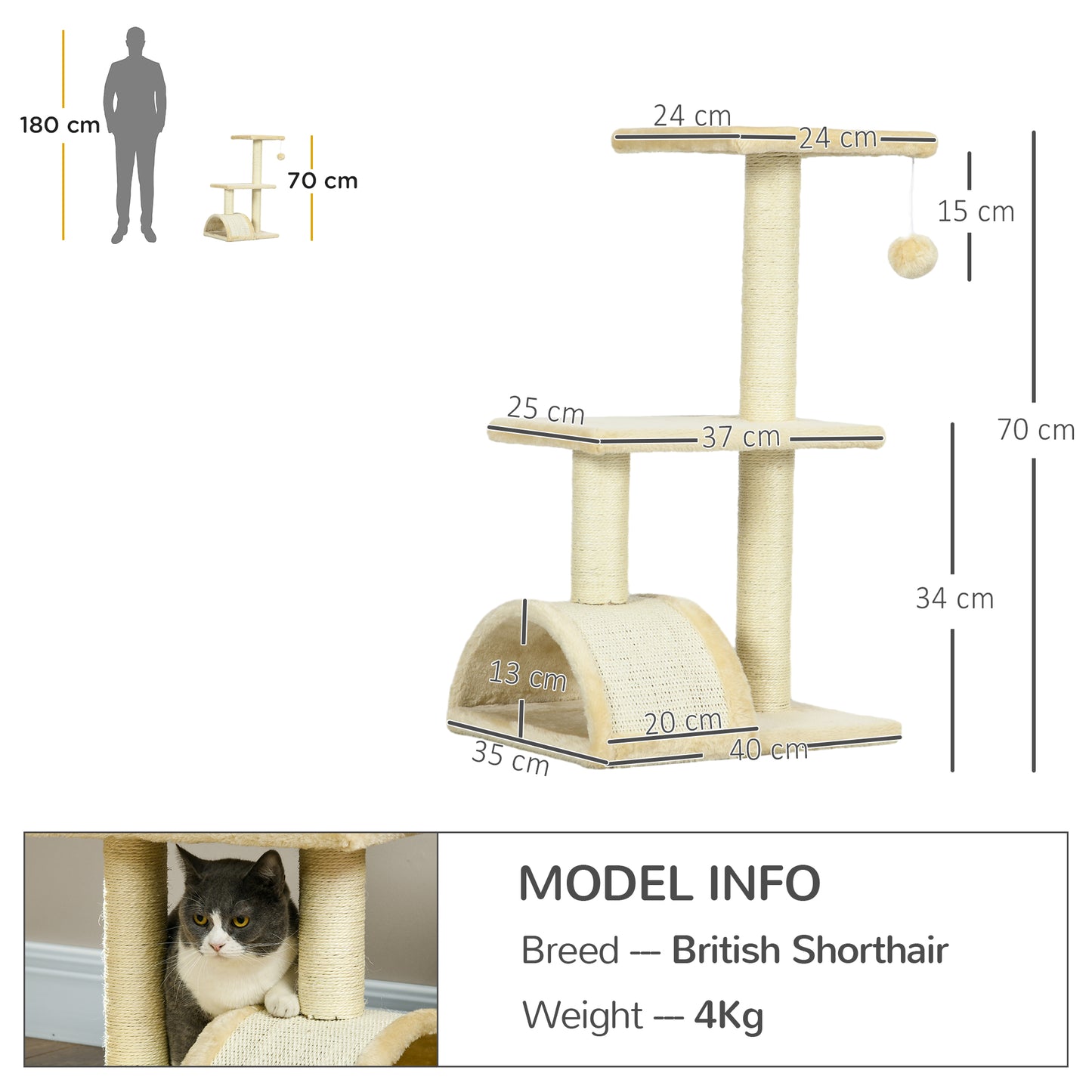 PawHut 72cm Cat Tree with Scratching Post Pad for Indoor Cats Cream White