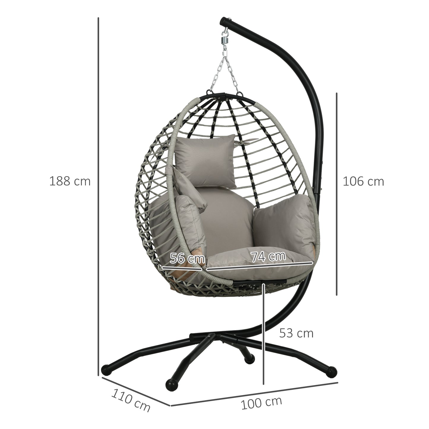Outsunny Outdoor Swing Chair with Thick Padded Cushion, Patio Hanging Chair with Metal Stand, Foldable Basket, Cup Holder, Rope Structure, for Indoor & Outdoor, Grey
