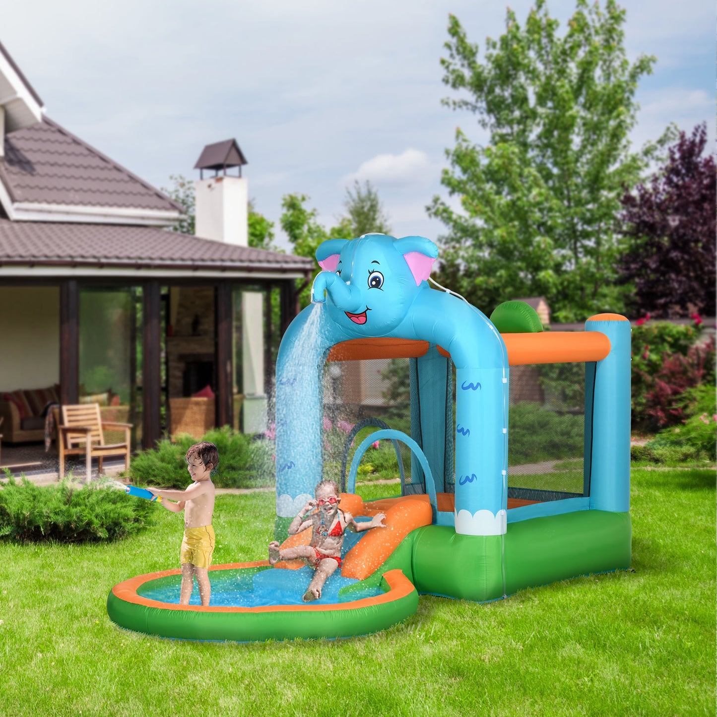 Outsunny 4 in 1 Elephant-Themed Inflatable Water Park, Kids Bouncy Castle, for Ages 3-8 Years - Multicoloured