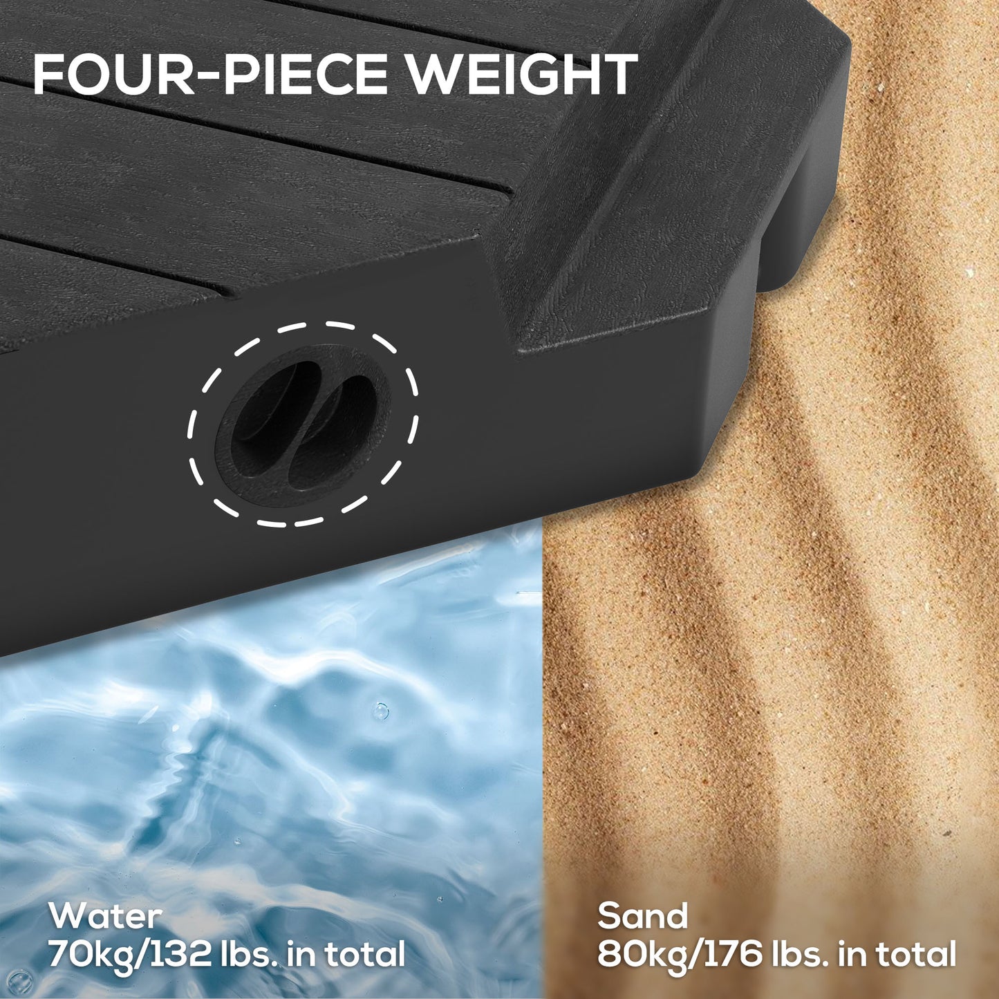 Outsunny Umbrella Weights for Cantilever Parasols, Set of 4 Heavy Duty Parasol Base Weights, 80kg Sand or 60kg Water Filled, Black