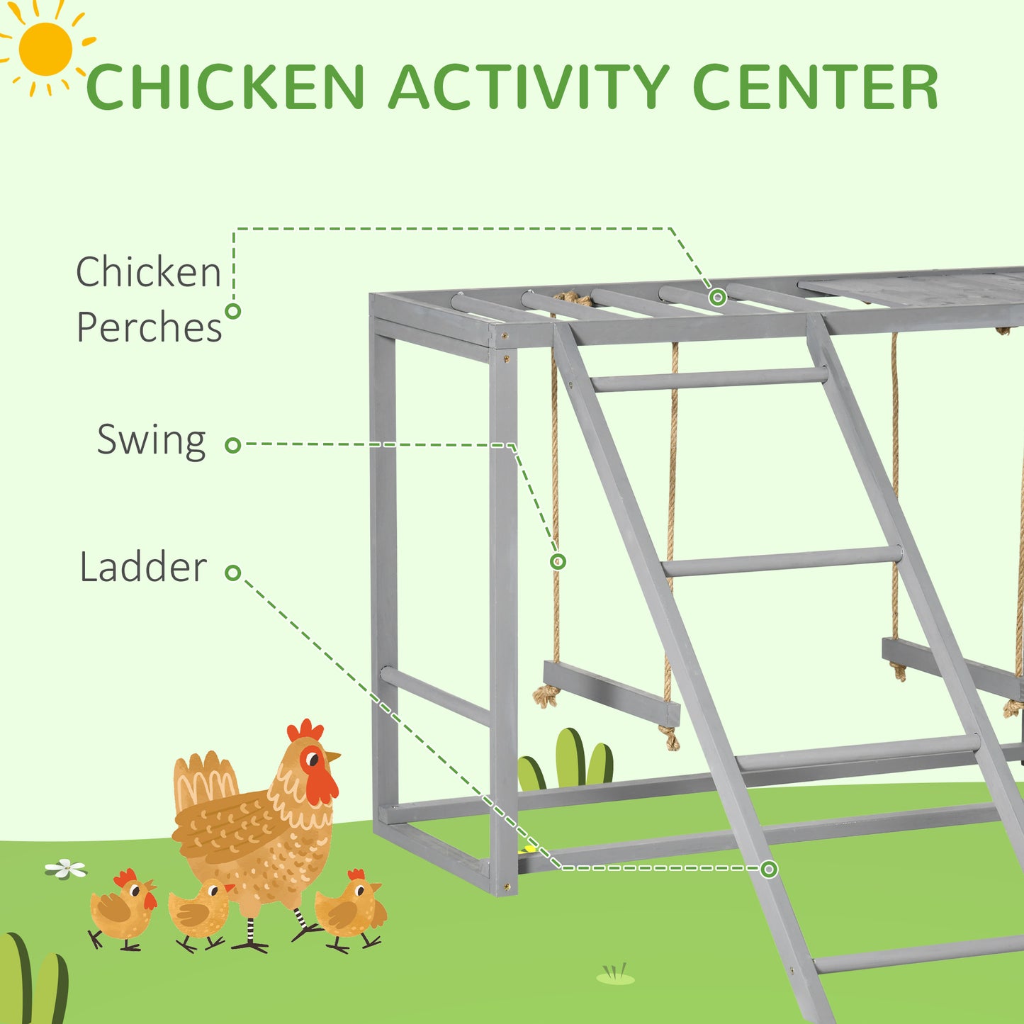 PawHut Chicken Activity Play with Swing Set for 34 Birds Wooden Chicken Coop Grey