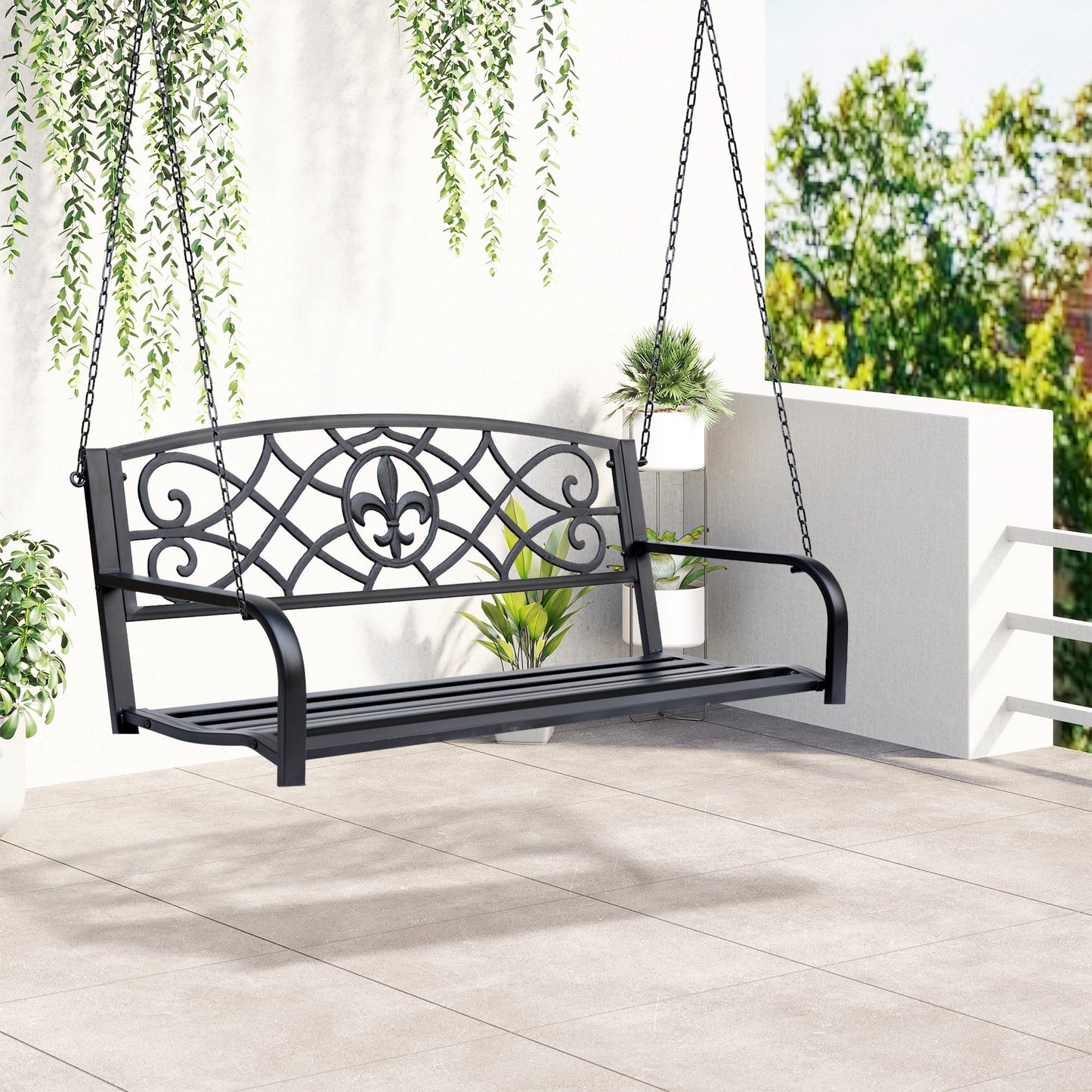 Outsunny Steel Fleur-de-Lis Design Outdoor Porch Swing Seat Bench with Chains for the Yard, Deck, & Backyard, Black Metal Chair Chair Yard Deck