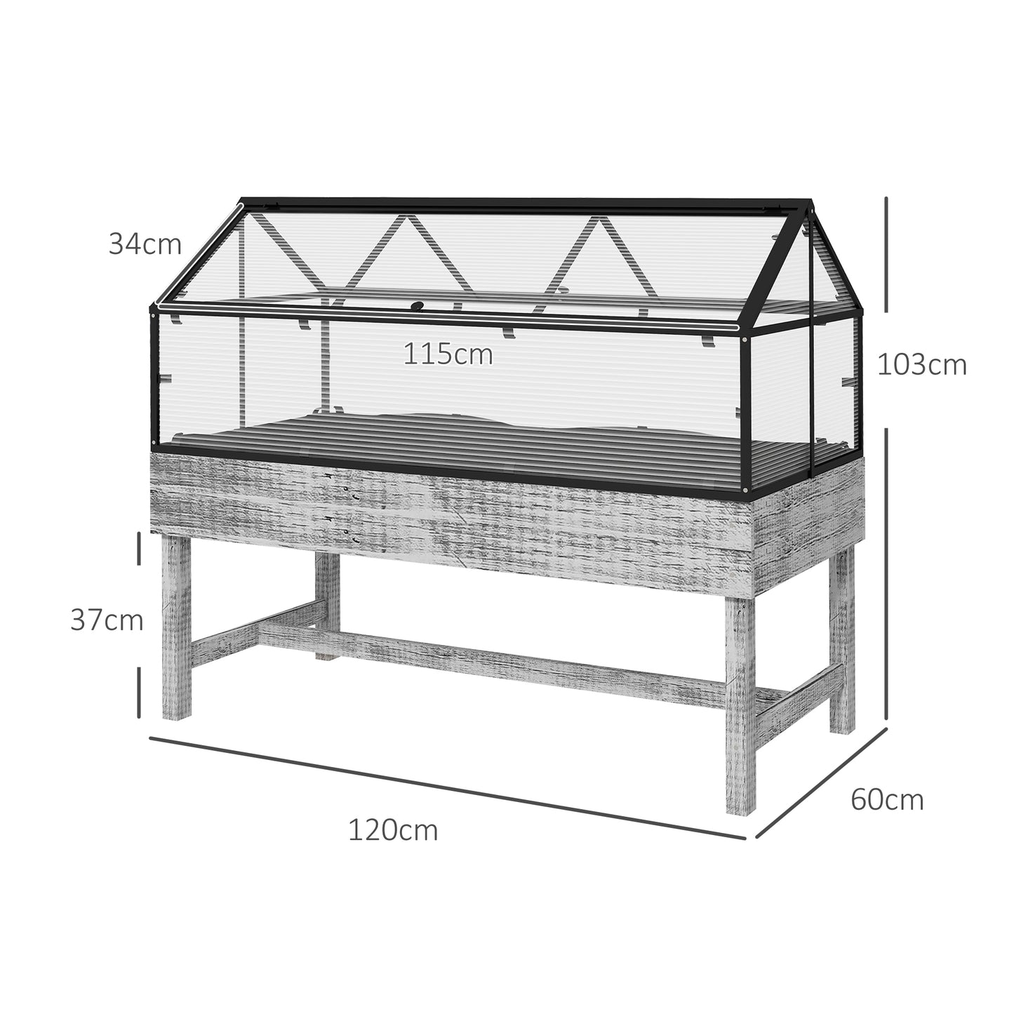 Outsunny Elevated Wood Planter with Mini Greenhouse Raised Garden Bed with PC Panel Top Vent 120 x 60 x 103cm Distressed Grey