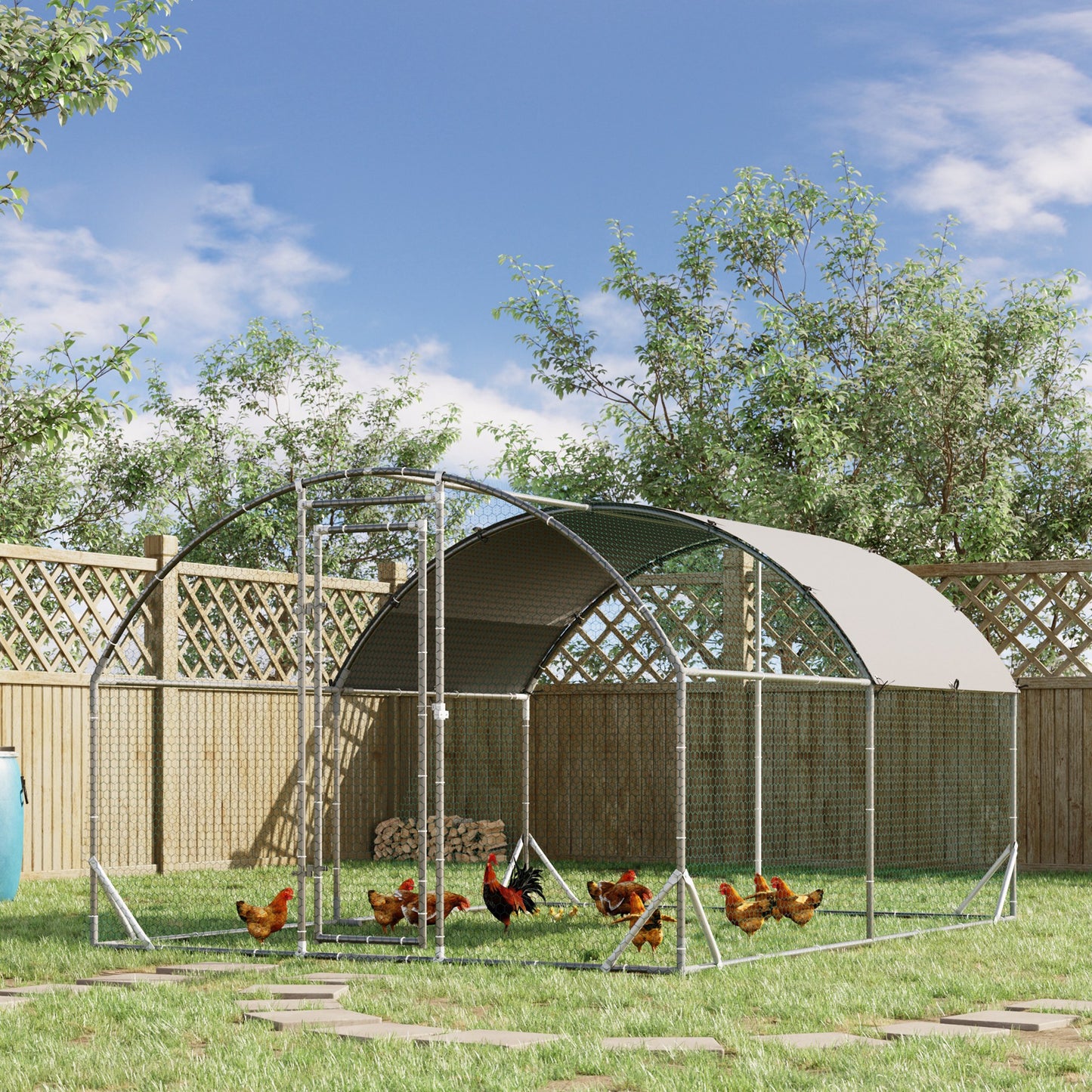 PawHut Walk In Chicken Run Galvanized Chicken Coop Hen Poultry House Cage Rabbit Hutch Pet Playpen Backyard with Water-Resist Cover, 2.8 x 3.8 x 2m