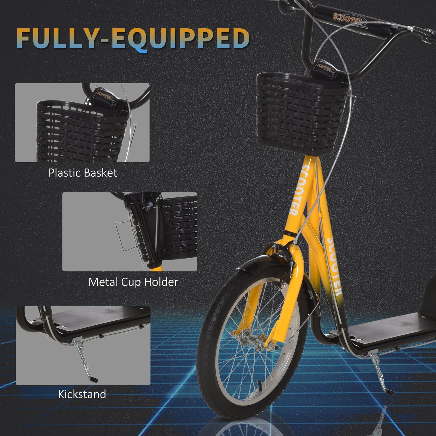 HOMCOM Kids Kick Scooter Teen Ride On Children Scooter with Adjustable Handlebar 2 Brakes Basket Cupholder Mudguard 16" Inflatable Rubber Tyres for 5-12 years old Orange w/ Wheel Brake