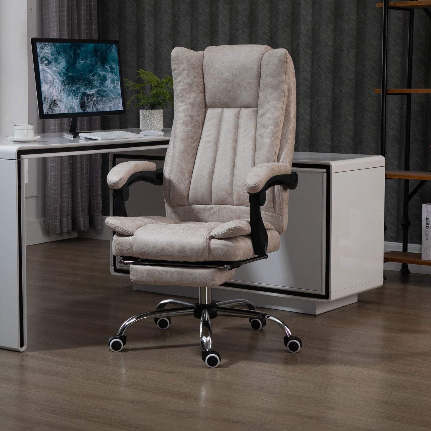 Vinsetto Home Office Chair Microfibre Desk Chair with Reclining Function Armrests Swivel Wheels Footrest Beige