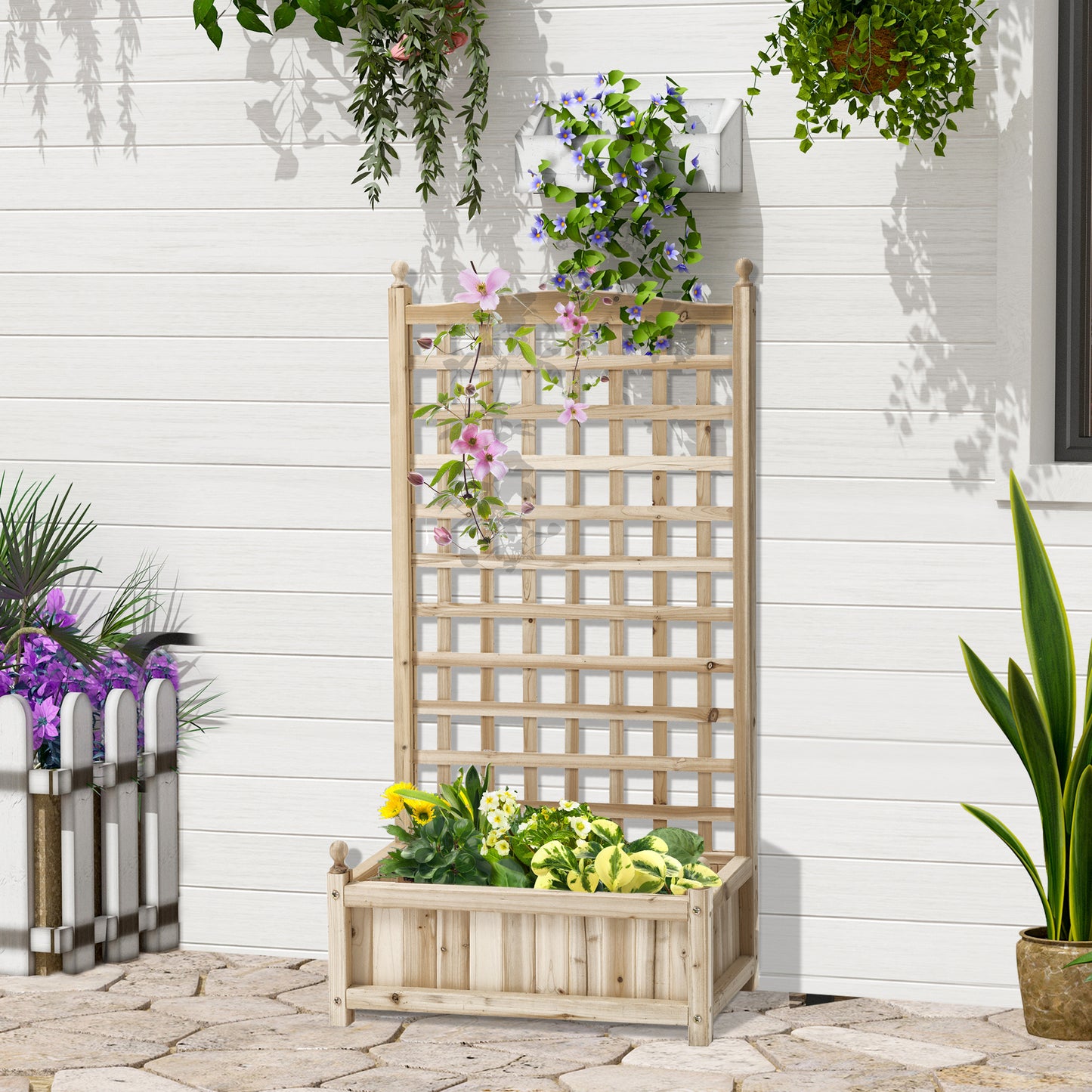 Outsunny Garden Planters with Trellis for Climbing Vines Wood Raised Beds for Garden Flower Pot Indoor Outdoor Natural