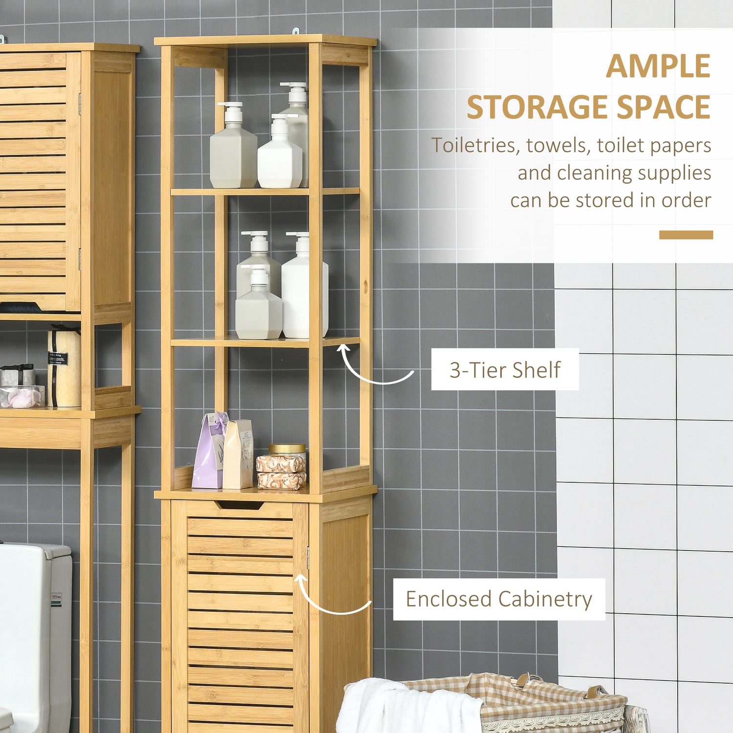 kleankin Tall Bathroom Storage Cabinet with 3 Tier Shelf, Cupboard