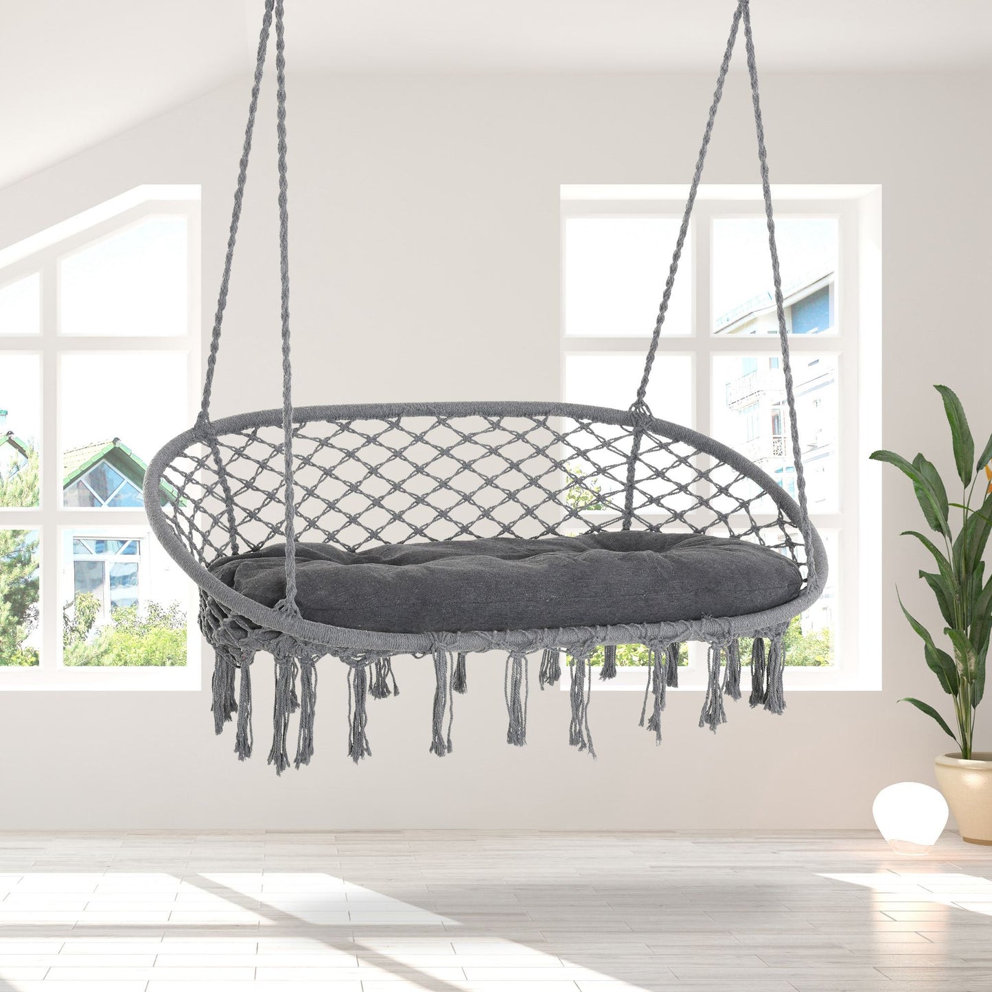 Outsunny Hanging Hammock Chair Cotton Rope Porch Swing Dark Grey