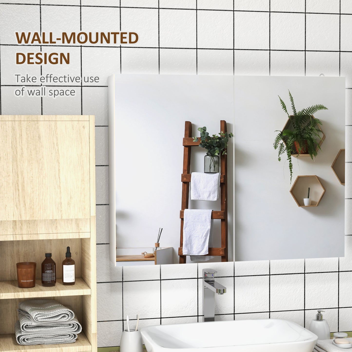 kleankin Bathroom Mirror Cabinet with Light Bathroom Storage Cupboard with Adjustable Shelf USB Charge 90x15x70cm White