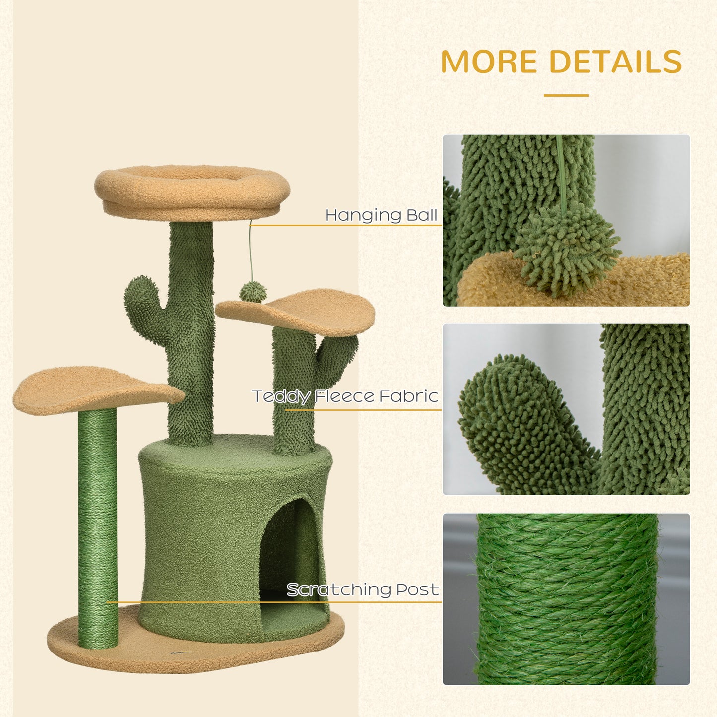 PawHut Cactus Cat Tree, 83cm Cat Climbing Tower, kitten Activity Centre with Teddy Fleece House, Green