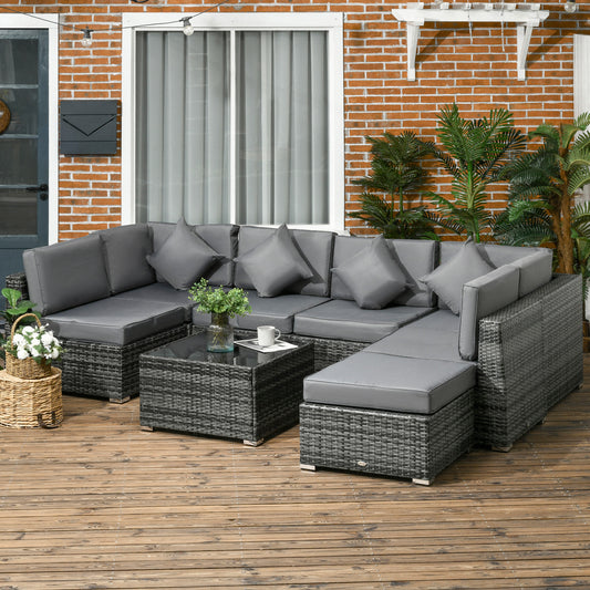 Outsunny 8 Pieces PE Rattan Corner Sofa Set Garden Furniture Set Patio Wicker Sofa Seater w/ Cushion, Washable Cushion Cover & Tempered Glass Table, Grey