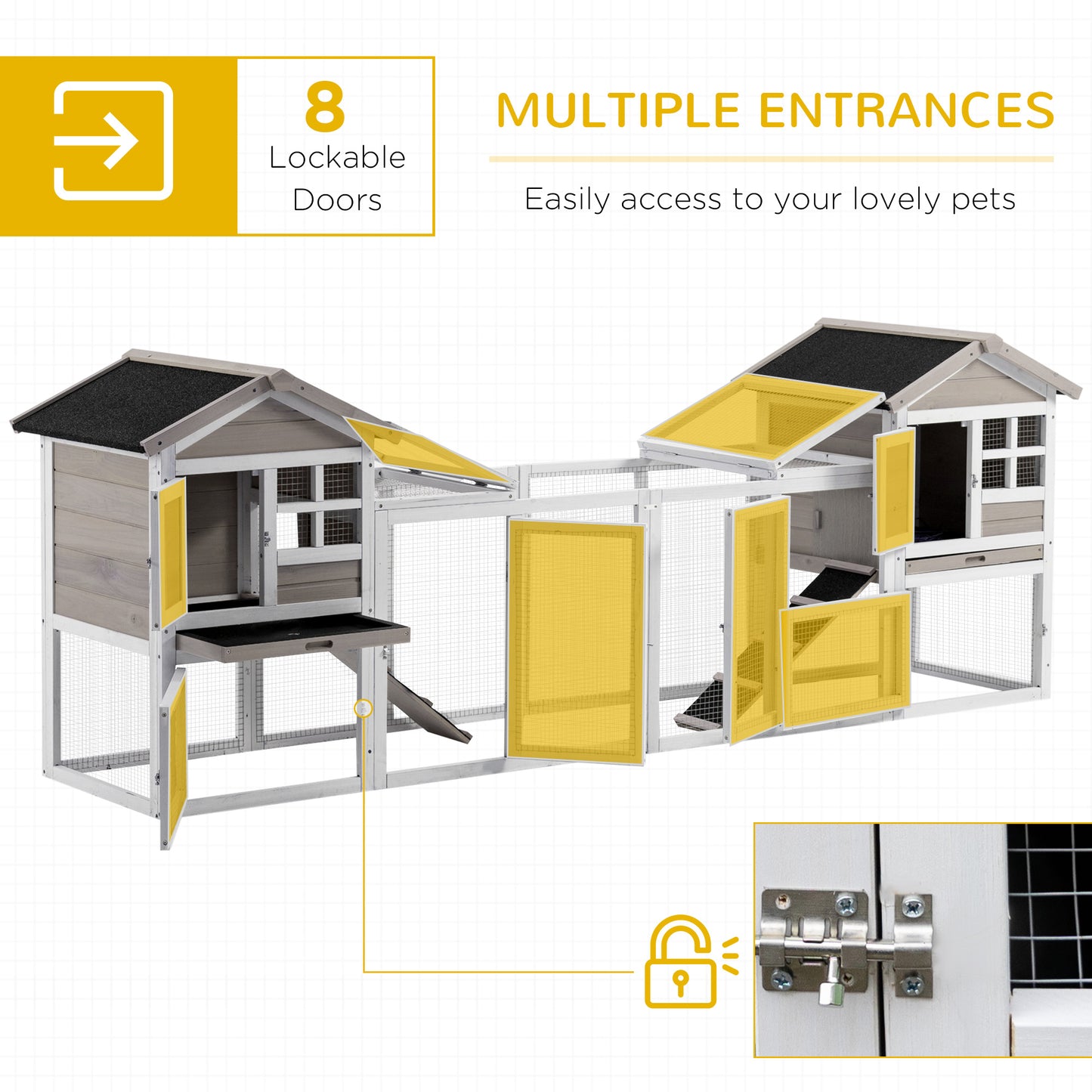 PawHut 2 in 1 Wooden Rabbit Hutch, Double Main House Guinea Pig Cage, Bunny Run, Small Animal House with Run Box, Ramp, 259 x 64 x 92cm, Grey