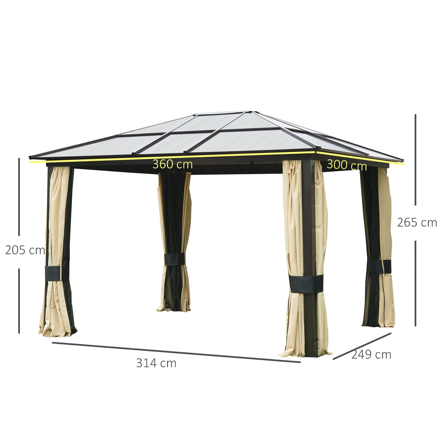 Outsunny Garden Party Tent Aluminum Gazebo Canopy Brown/Beige 3x3,6 m Patio Marquee Hardtop Roof Shelter Outdoor Pavilion Event w/ Mesh & Side Walls Top Cover