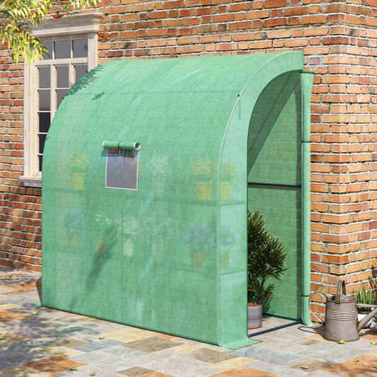 Outsunny Walk-In Lean to Wall Greenhouse with Windows and Doors 2 Tiers 4 Wired Shelves 200L x 100W x 213Hcm Green