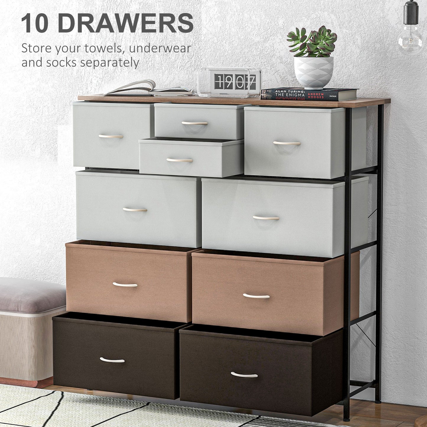 HOMCOM Bedroom Chest of Drawers 10 Drawer Dresser with Foldable Fabric Drawers and Steel Frame Multicolour