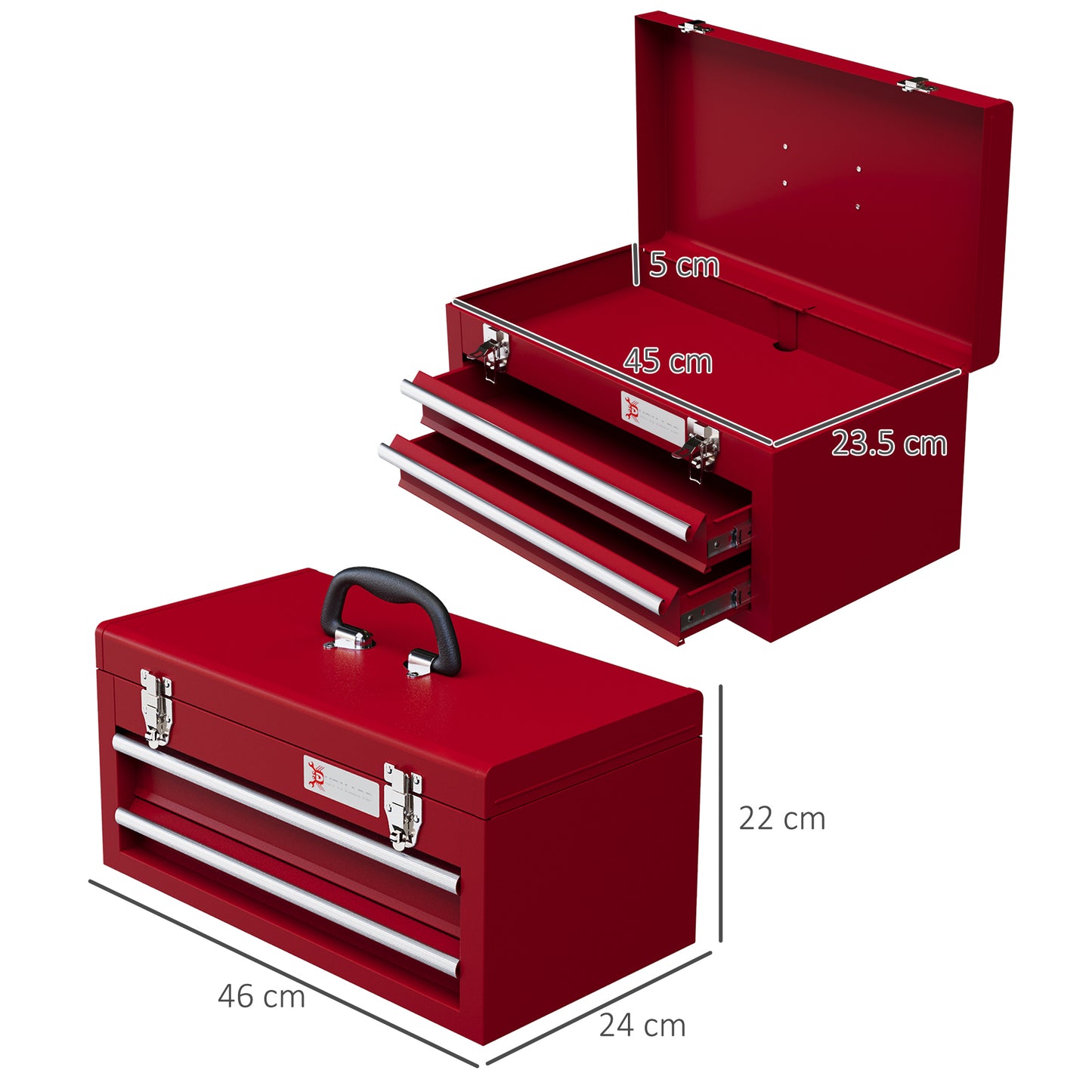 DURHAND Lockable Metal Tool Box 2 Drawer Tool Chest with Latches Handle Ball Bearing Runners Red