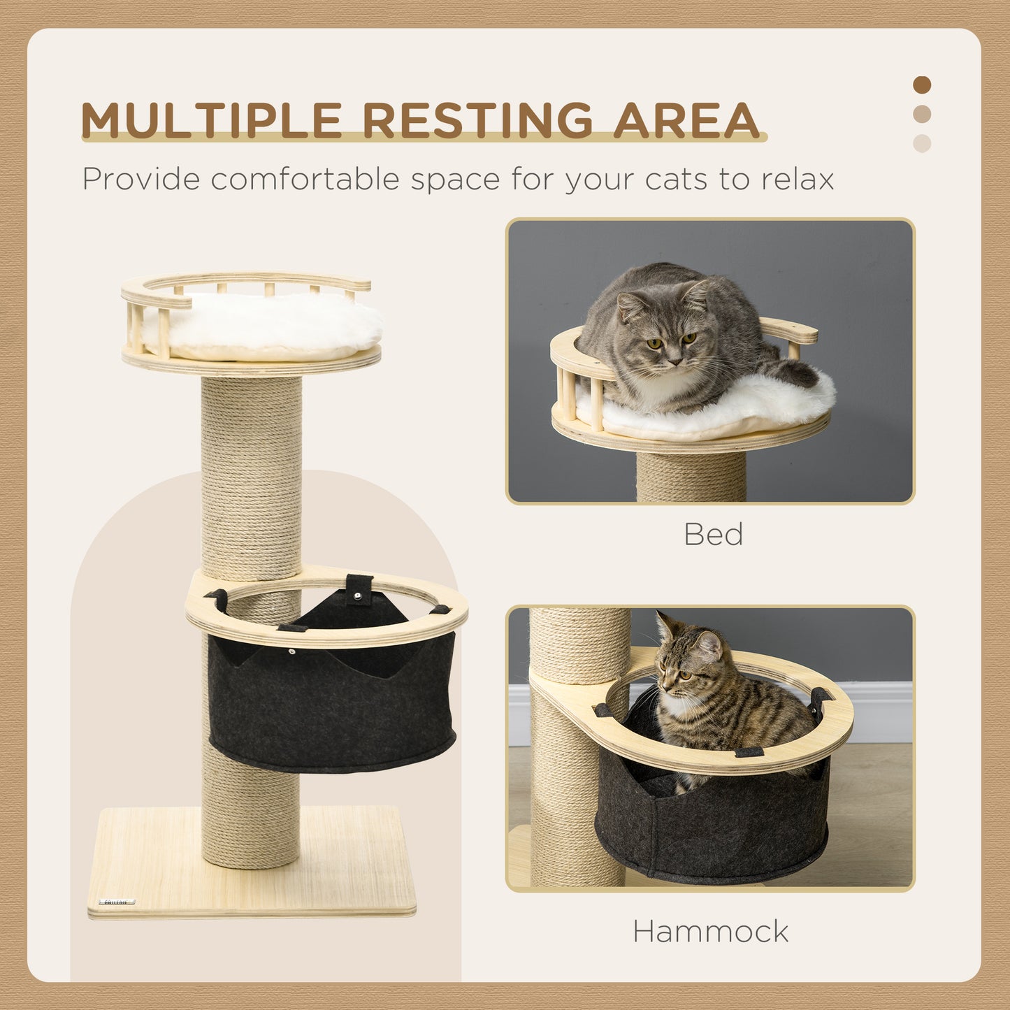 PawHut 84cm Cat Tree, Kitty Activity Center with Hammock & Bed, Cat Tower with Jute Scratching Post, Natural