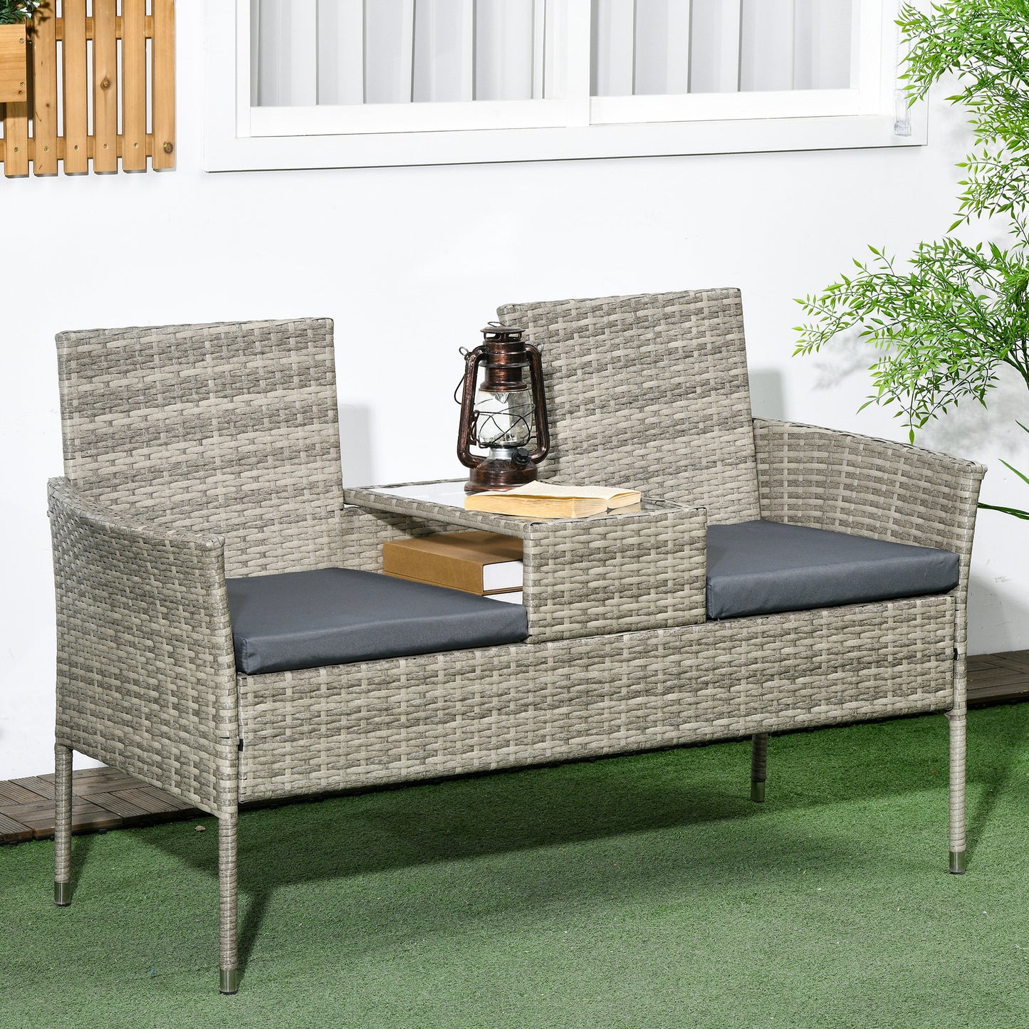 Outsunny Two-Seat Rattan Chair, with Middle Table - Light Grey