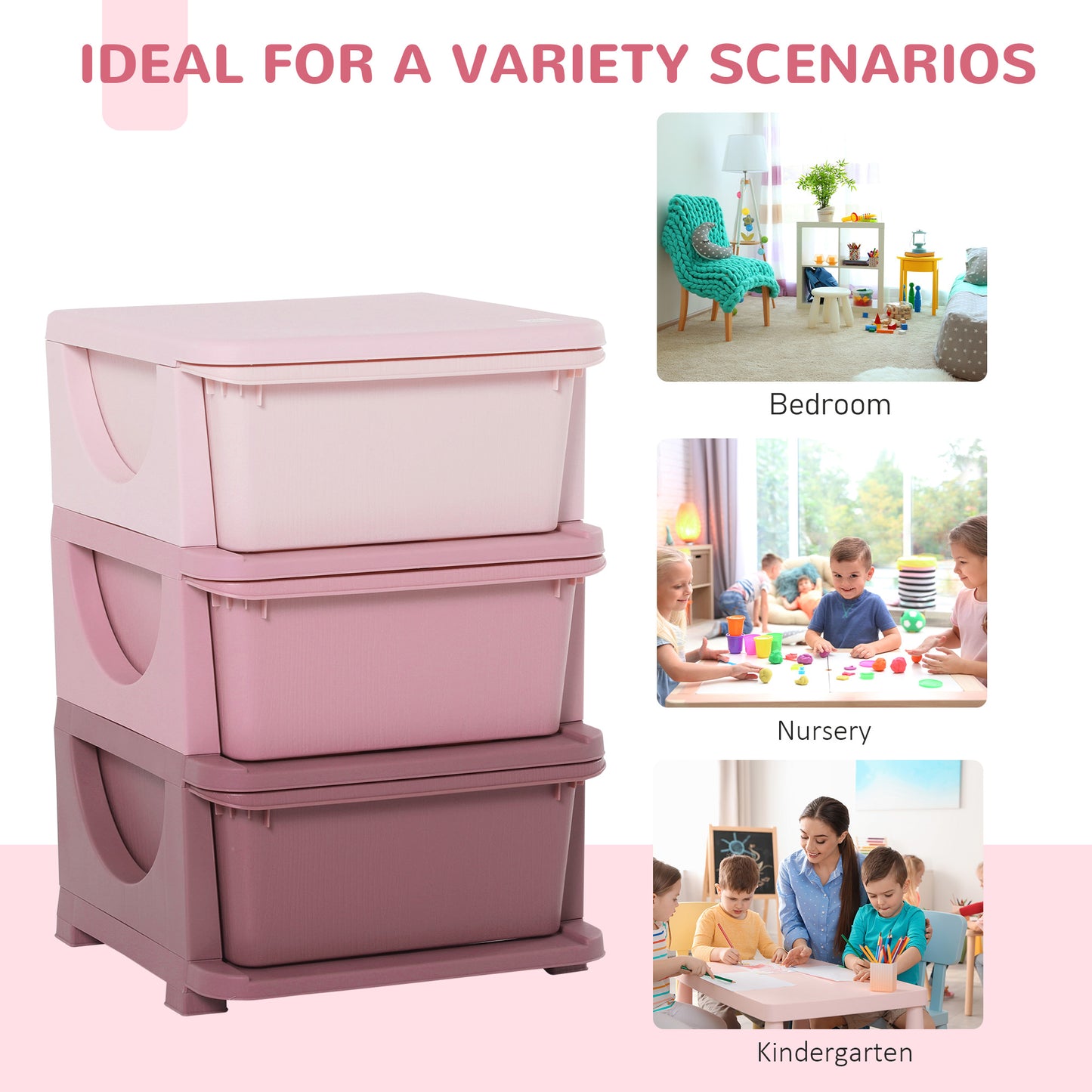HOMCOM Kids Storage Units with Drawers 3 Tier Chest Vertical Dresser Tower Toy Organizer for  Nursery Playroom Kindergarten Pink w/