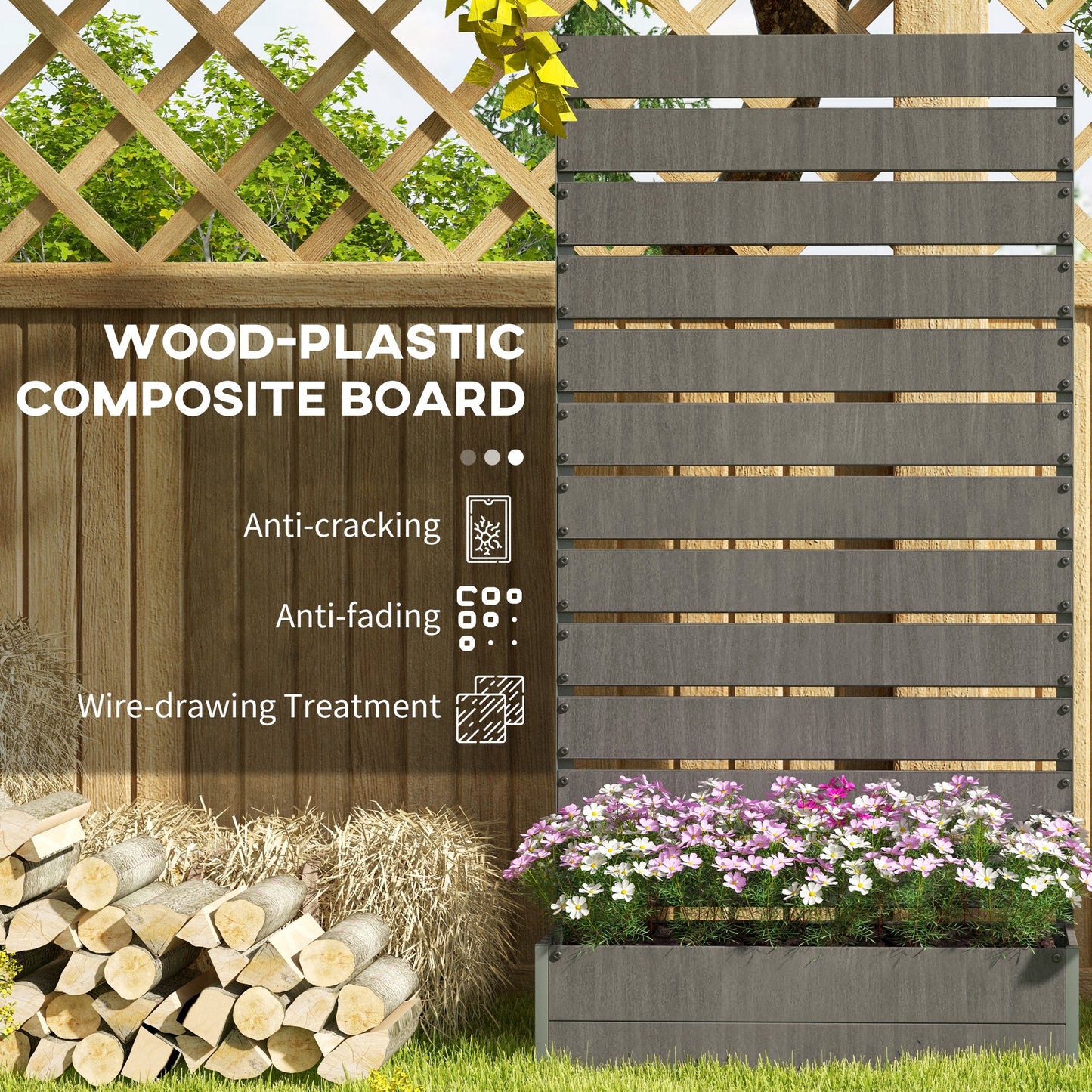 Outsunny Raised Bed for Garden, Planter with Trellis for Climbing Plants, Vines, Planter Box with Drainage Gap, Dark Grey