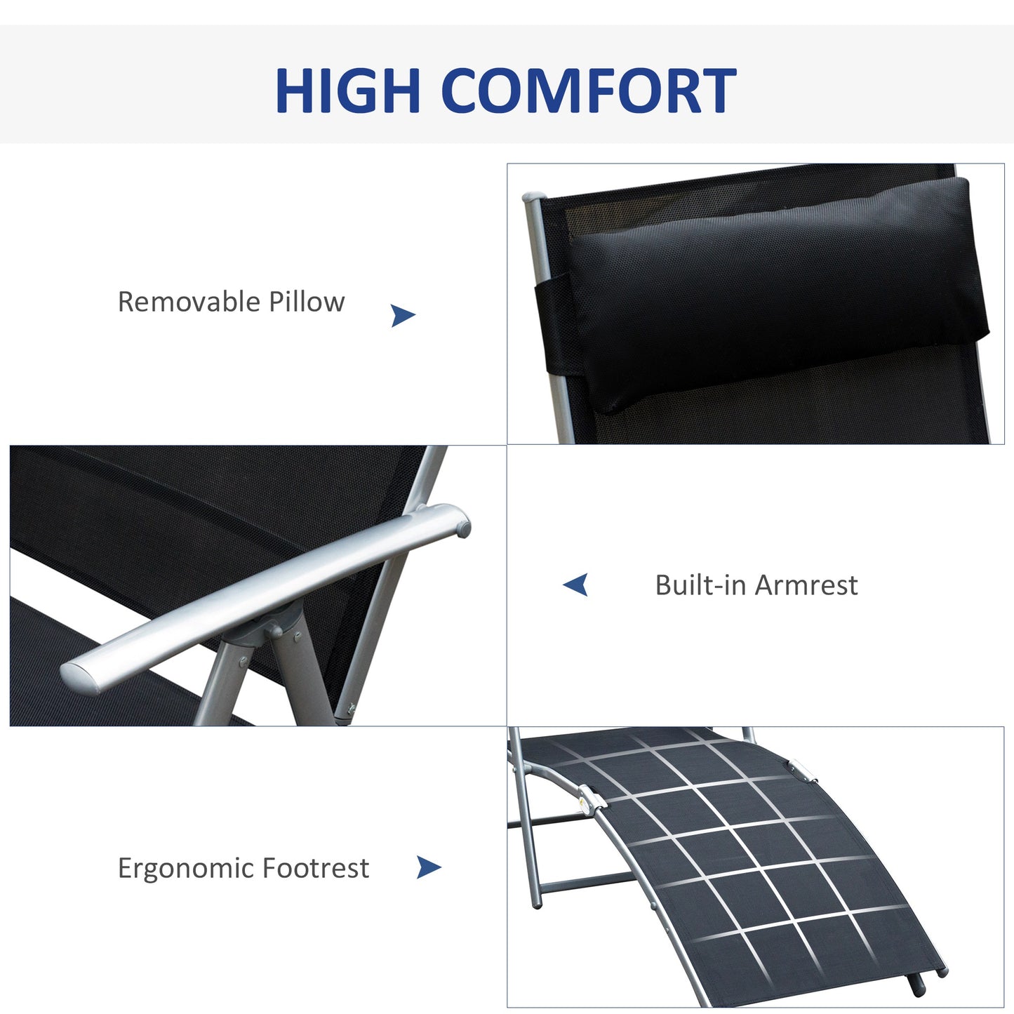 Outsunny Black Sun Lounger Recliner Pillow Foldable Garden 5 Levels Textilene