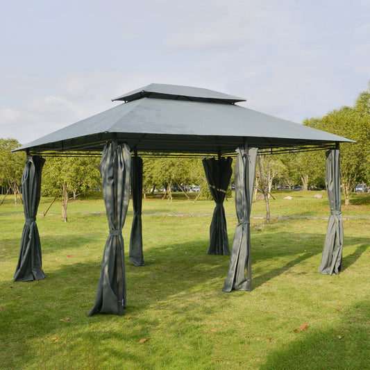 Outsunny 10 x 13ft Outdoor 2-Tier Steel Frame Gazebo with Curtains Outdoor Backyard, Black/Grey 2 Tier Black Grey