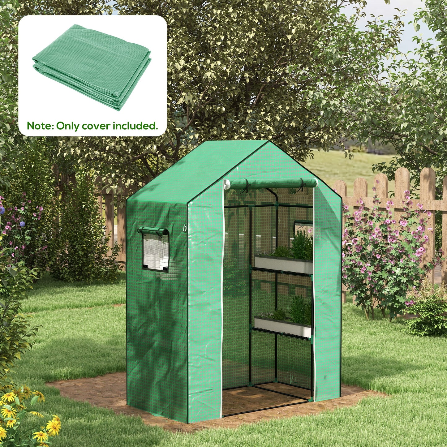 Outsunny Greenhouse Cover Replacement Walkin PE Hot House Cover with Rollup Door and Windows 140 x 73 x 190cm Green