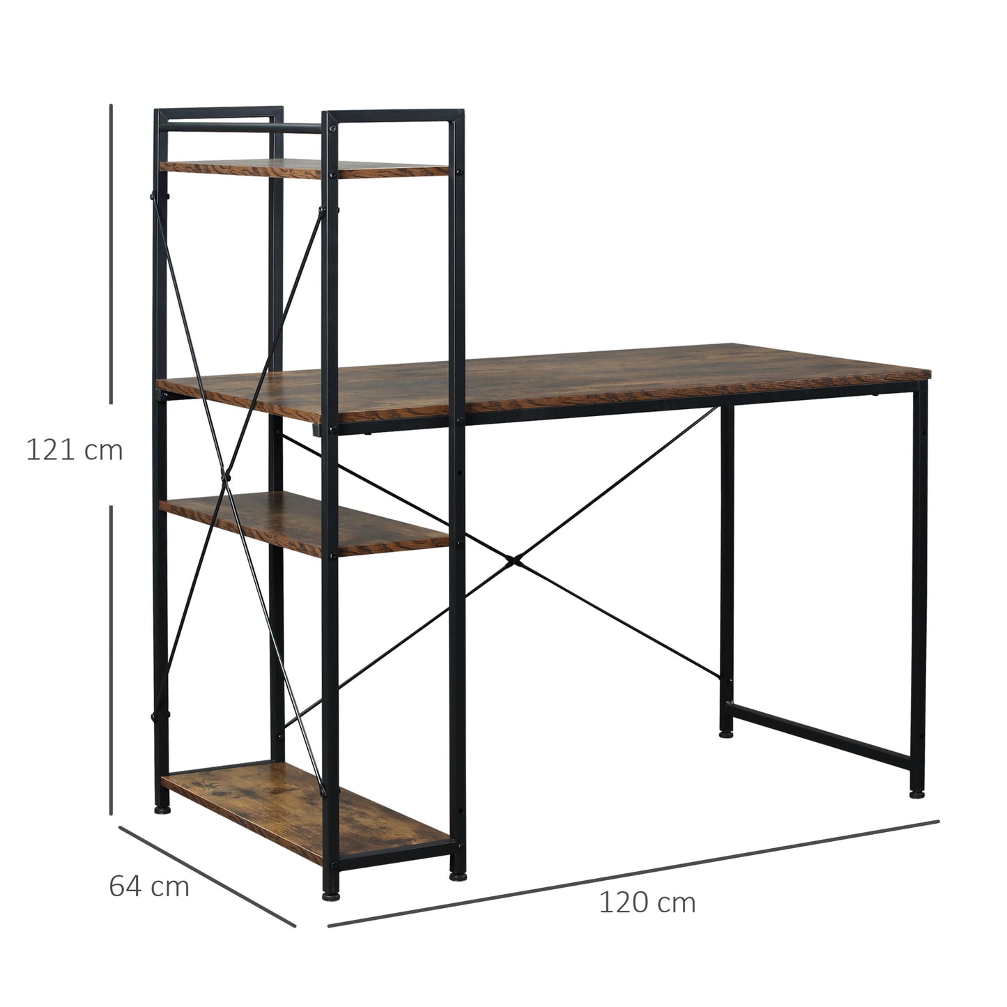 HOMCOM Computer Desk PC Table Study Workstation Home Office with 4-tier Bookshelf Storage Metal Frame Wooden Top (Rustic Brown & Black)