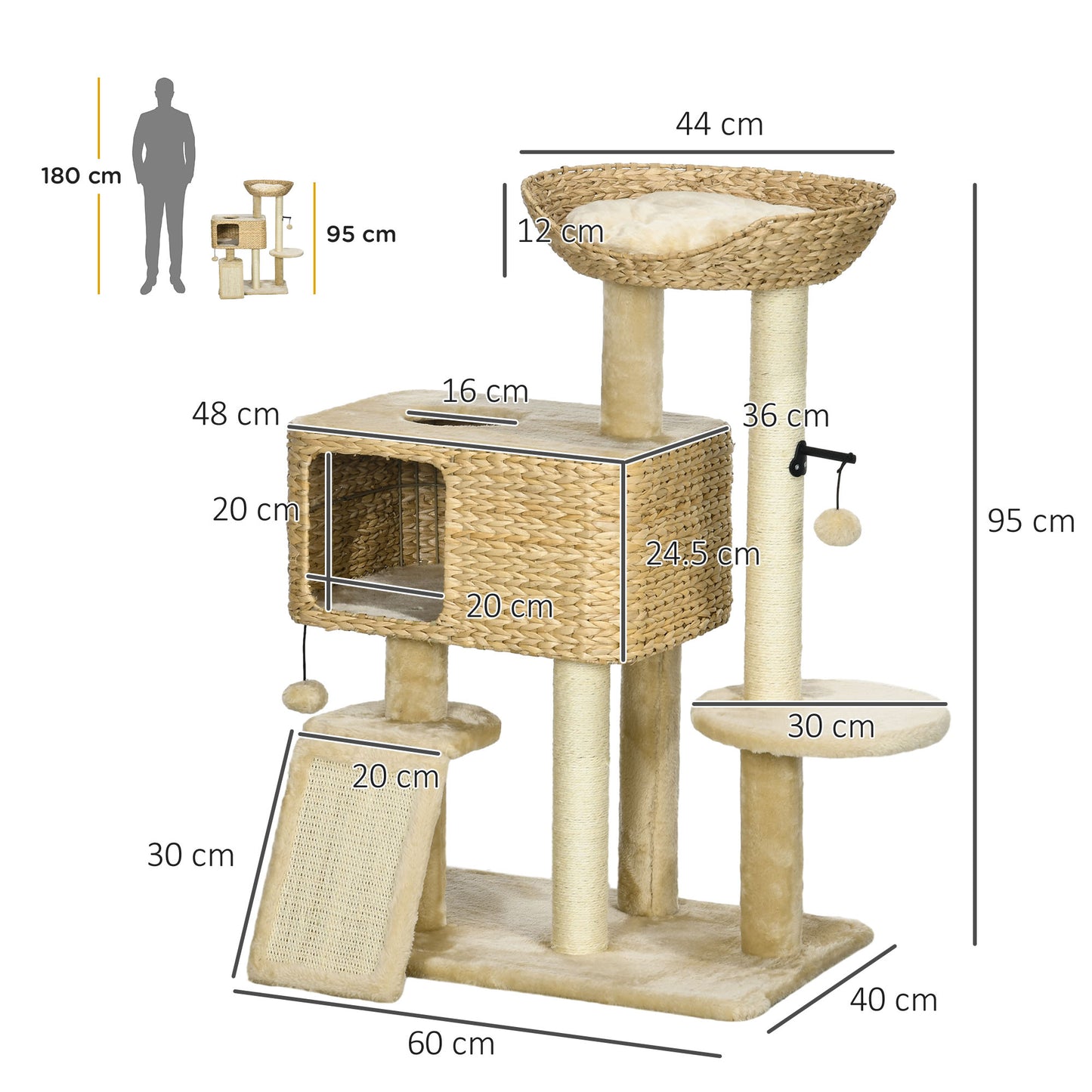 PawHut 95cm Cat Tree Tower for Indoor Cats with Scratching Post Cat House Toy Ball Platform Beige
