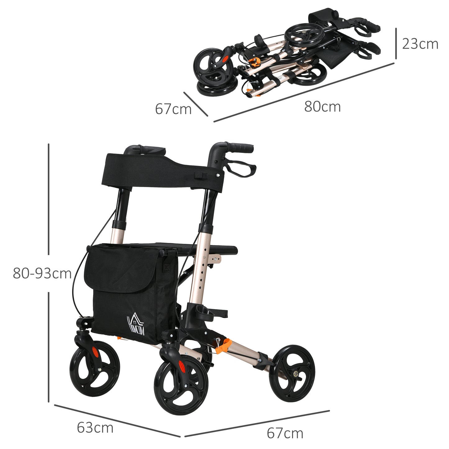 HOMCOM 4 Wheel Rollator with Seat and Back, Folding Mobility Walker with Carry Bag, Adjustable Height, Dual Brakes, Cane Holder, Lightweight Aluminium Walking Frame for Seniors and Disabled, Gold Tone