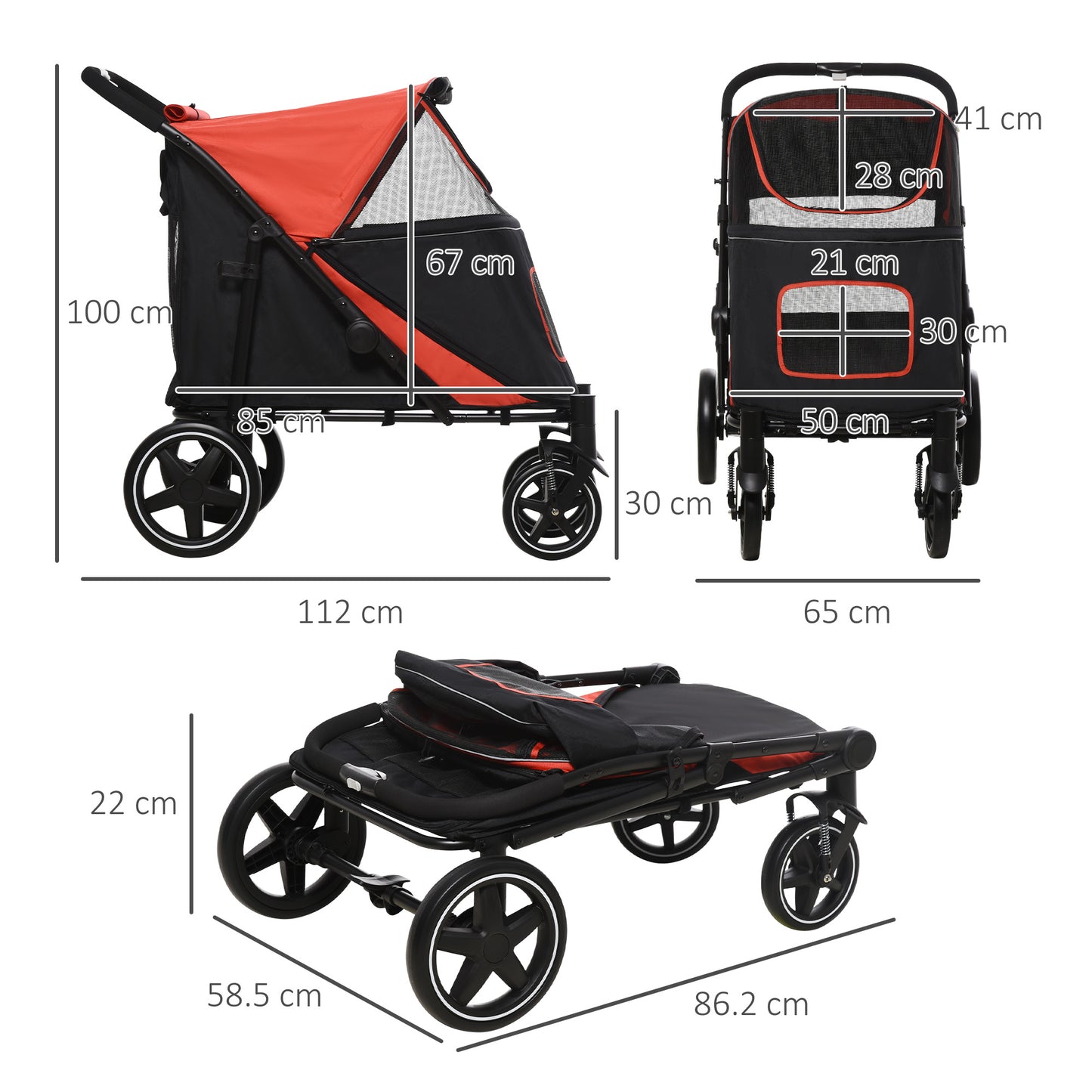 PawHut Pet Stroller with Universal Front Wheels, Shock Absorber, One Click Foldable Dog Cat Carriage with Brakes, Storage Bags, Mesh Window, Safety Leash for Large & Medium-sized Dogs, Red