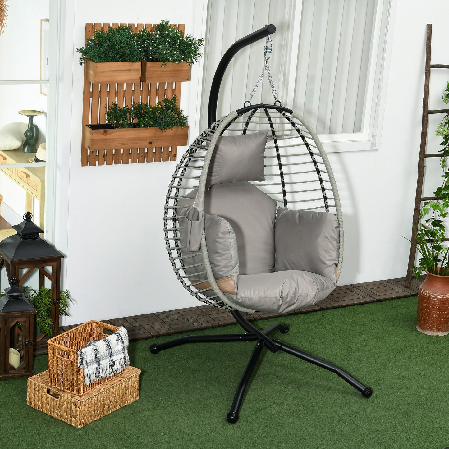 Outsunny Outdoor Swing Chair with Thick Padded Cushion, Patio Hanging Chair with Metal Stand, Foldable Basket, Cup Holder, Rope Structure, for Indoor & Outdoor, Grey